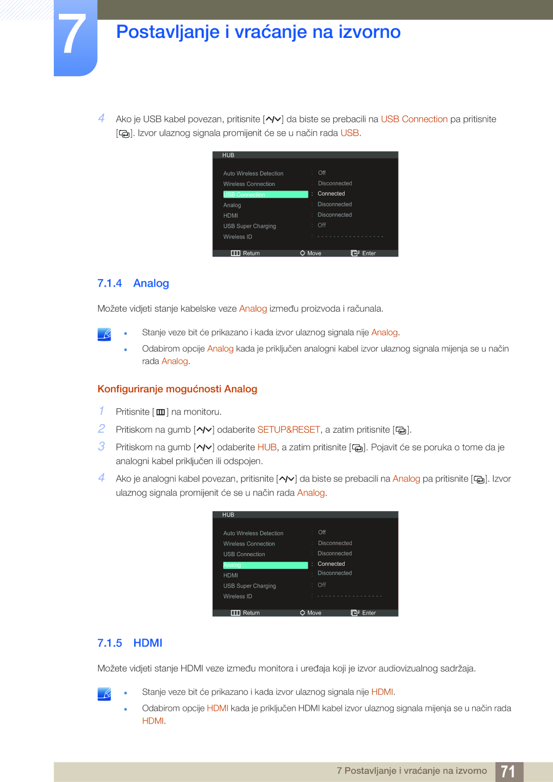 Samsung LC27A750XS/EN manual Hdmi, Konfiguriranje mogućnosti Analog 