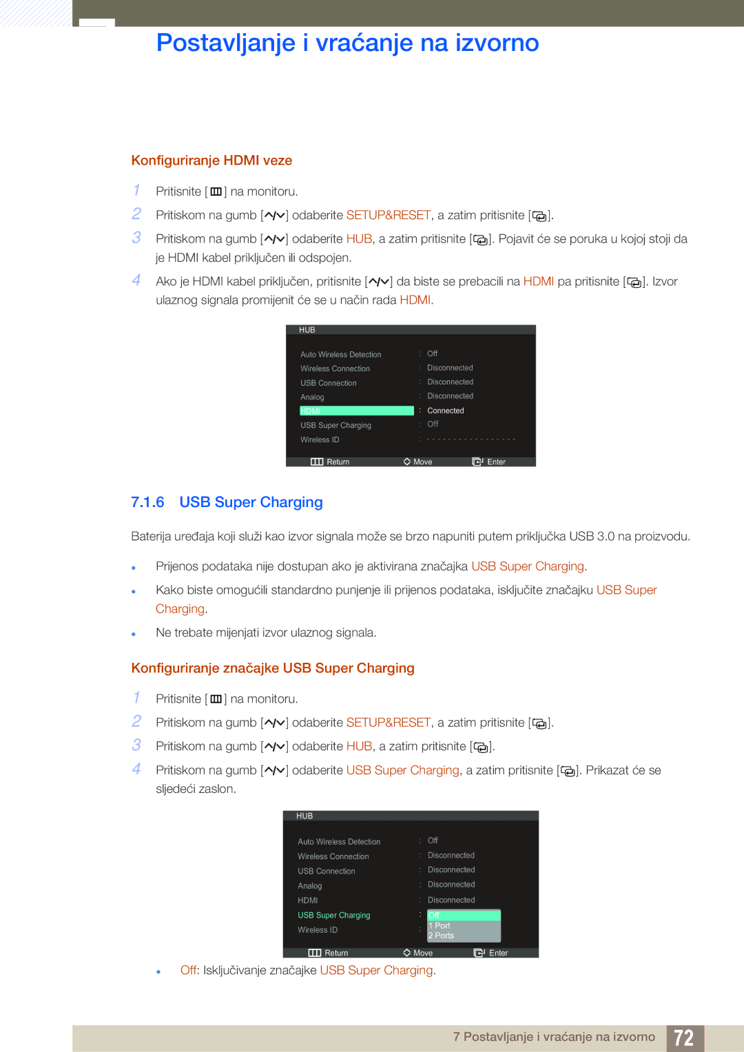 Samsung LC27A750XS/EN manual Konfiguriranje Hdmi veze, Konfiguriranje značajke USB Super Charging 