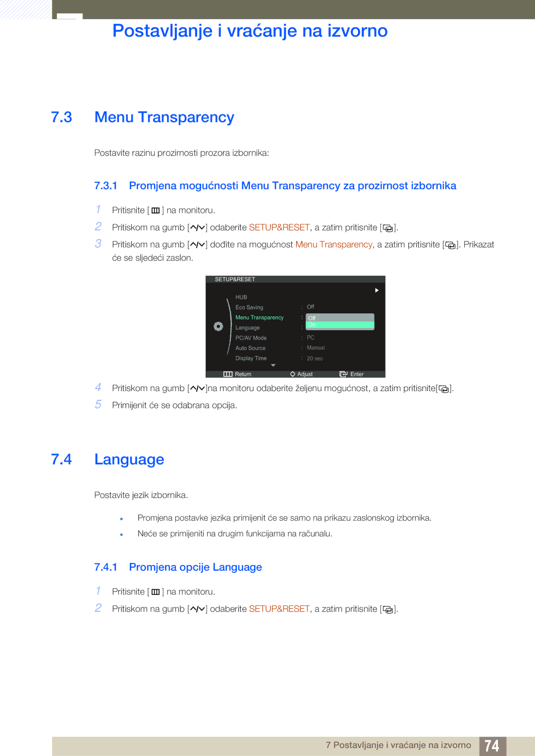 Samsung LC27A750XS/EN manual Menu Transparency, Promjena opcije Language 