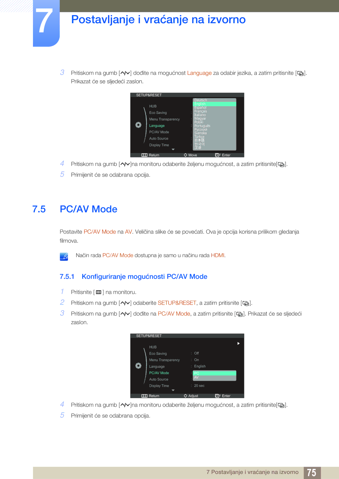 Samsung LC27A750XS/EN manual Konfiguriranje mogućnosti PC/AV Mode 