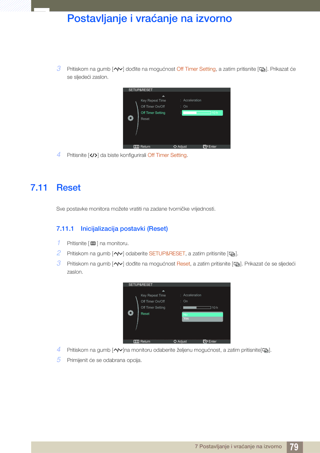 Samsung LC27A750XS/EN manual Inicijalizacija postavki Reset 