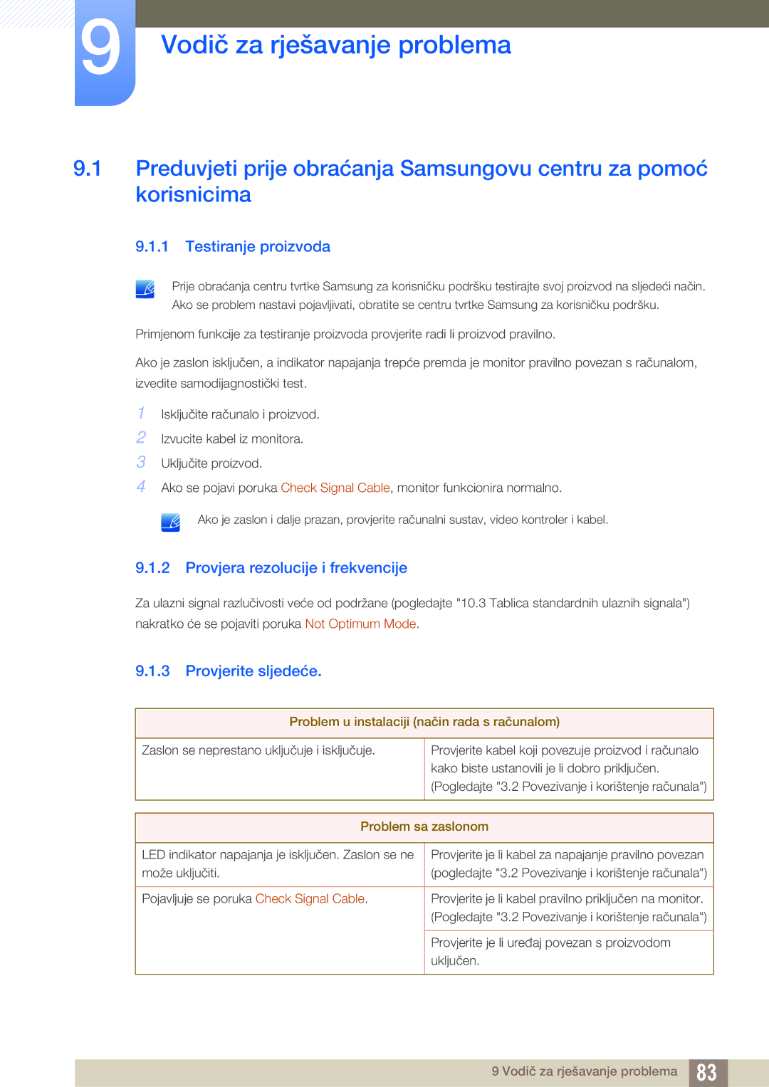 Samsung LC27A750XS/EN manual Vodič za rješavanje problema, Testiranje proizvoda, Provjera rezolucije i frekvencije 