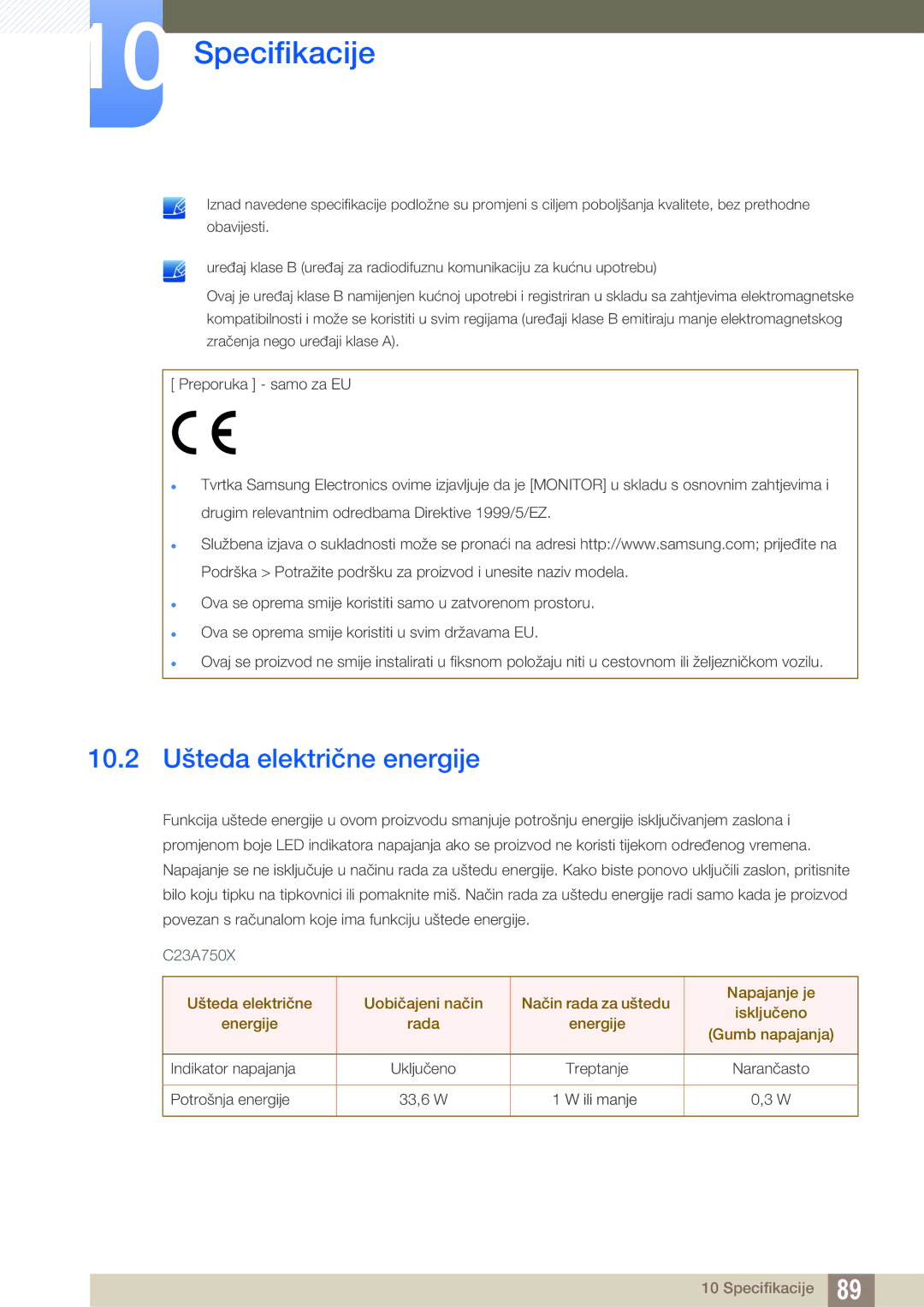 Samsung LC27A750XS/EN manual 10.2 Ušteda električne energije 