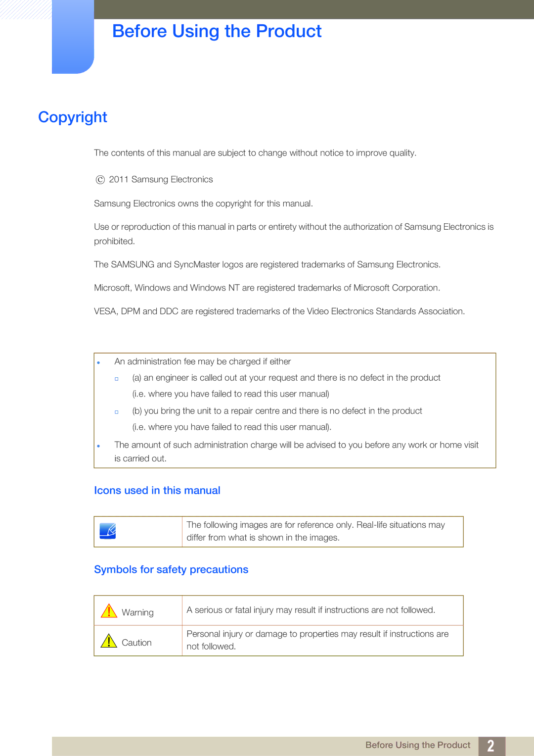 Samsung LC27A750XS/EN Before Using the Product, Copyright, Icons used in this manual, Symbols for safety precautions 