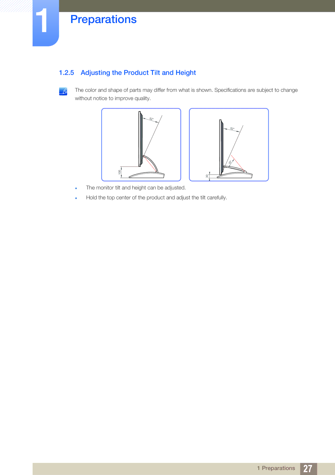 Samsung LC27A750XS/CI, LC27A750XS/ZA, LC23A750XS/EN, LC27A750XS/EN, LC23A750XS/CI manual Adjusting the Product Tilt and Height 