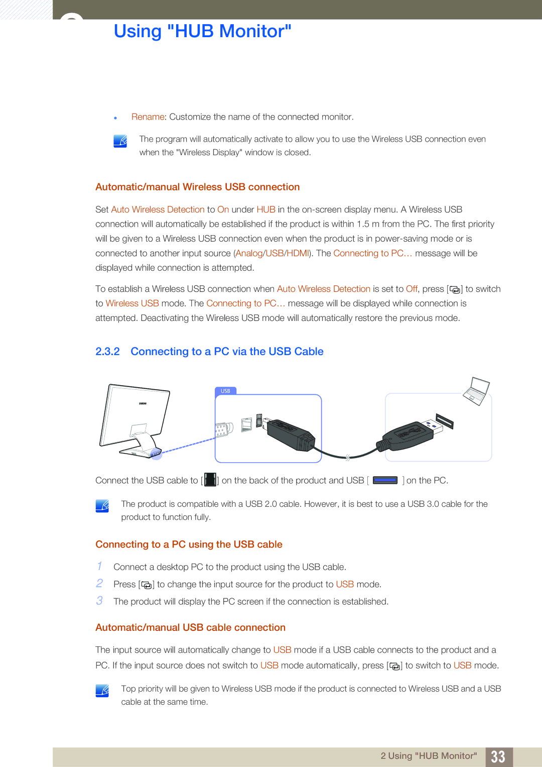 Samsung LC27A750XS/CI, LC27A750XS/ZA Connecting to a PC via the USB Cable, Automatic/manual Wireless USB connection 