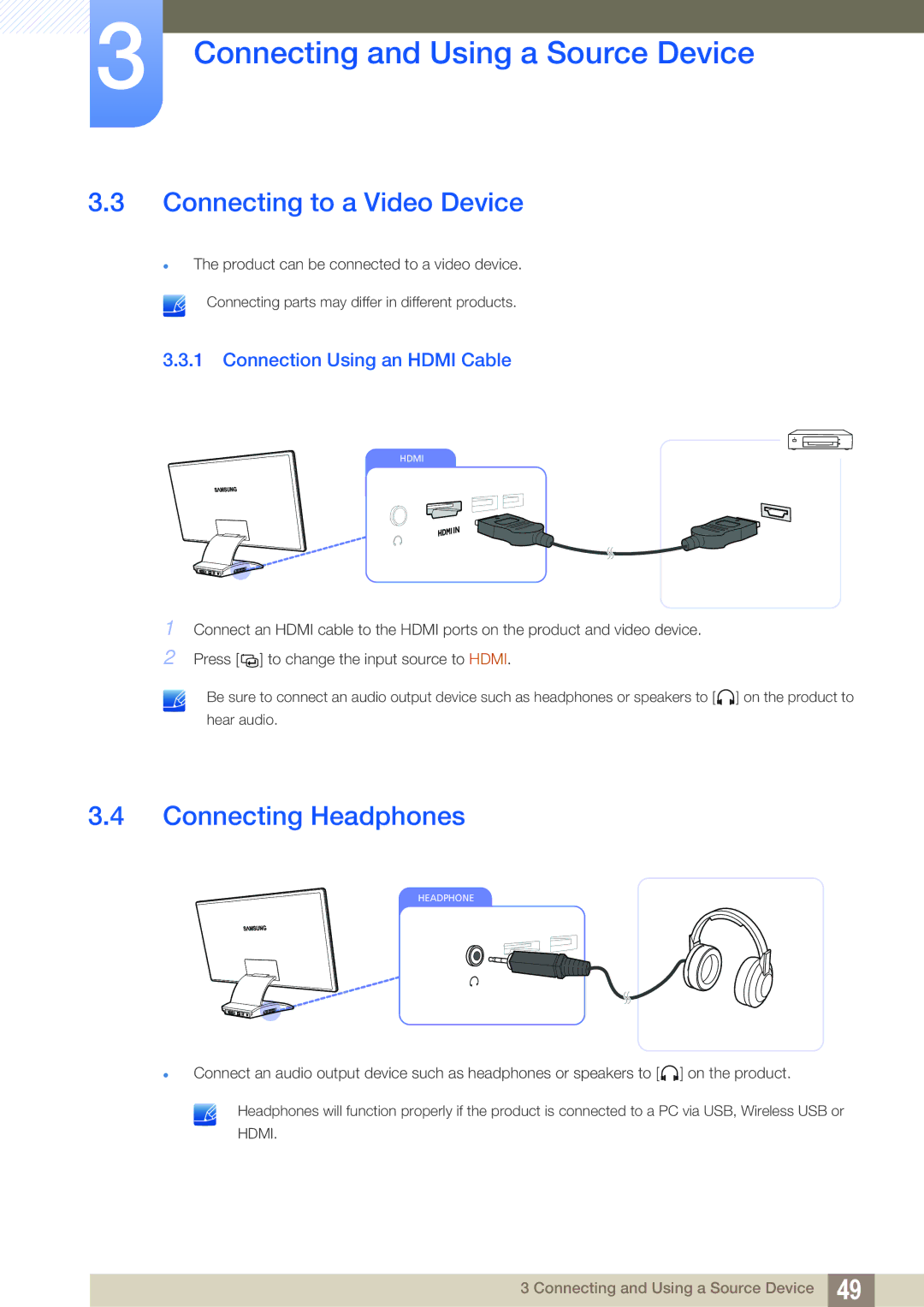 Samsung LC23A750XS/EN, LC27A750XS/ZA Connecting to a Video Device, Connecting Headphones, Connection Using an Hdmi Cable 