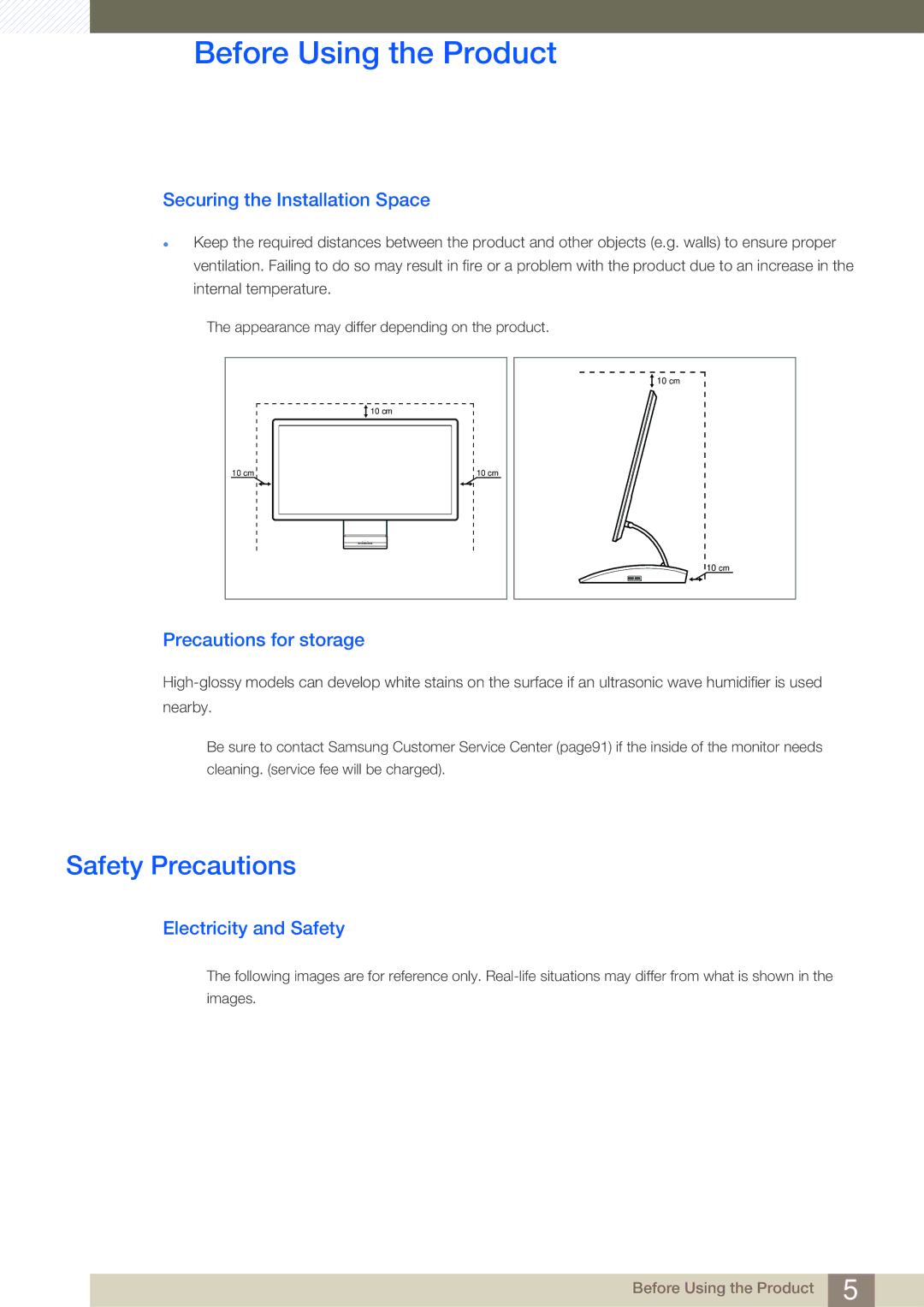 Samsung LC27A750XSSEN Safety Precautions, Securing the Installation Space, Precautions for storage, Electricity and Safety 