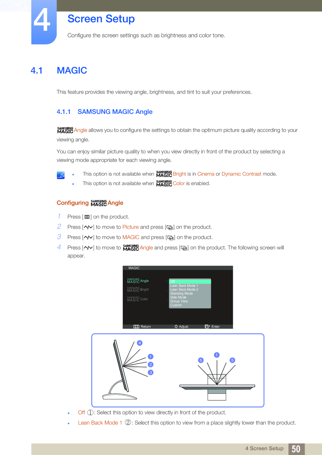 Samsung LC27A750XS/EN, LC27A750XS/ZA, LC23A750XS/EN, LC27A750XS/CI manual Screen Setup, Samsung Magic Angle, Configuring Angle 