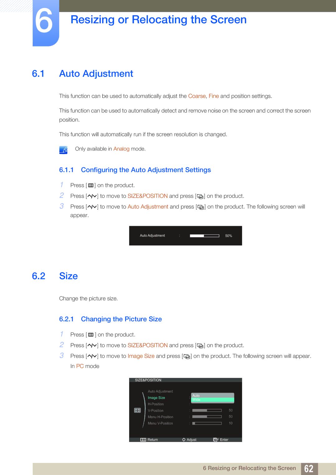 Samsung LC27A750XS/EN, LC27A750XS/ZA Resizing or Relocating the Screen, Size, Configuring the Auto Adjustment Settings 