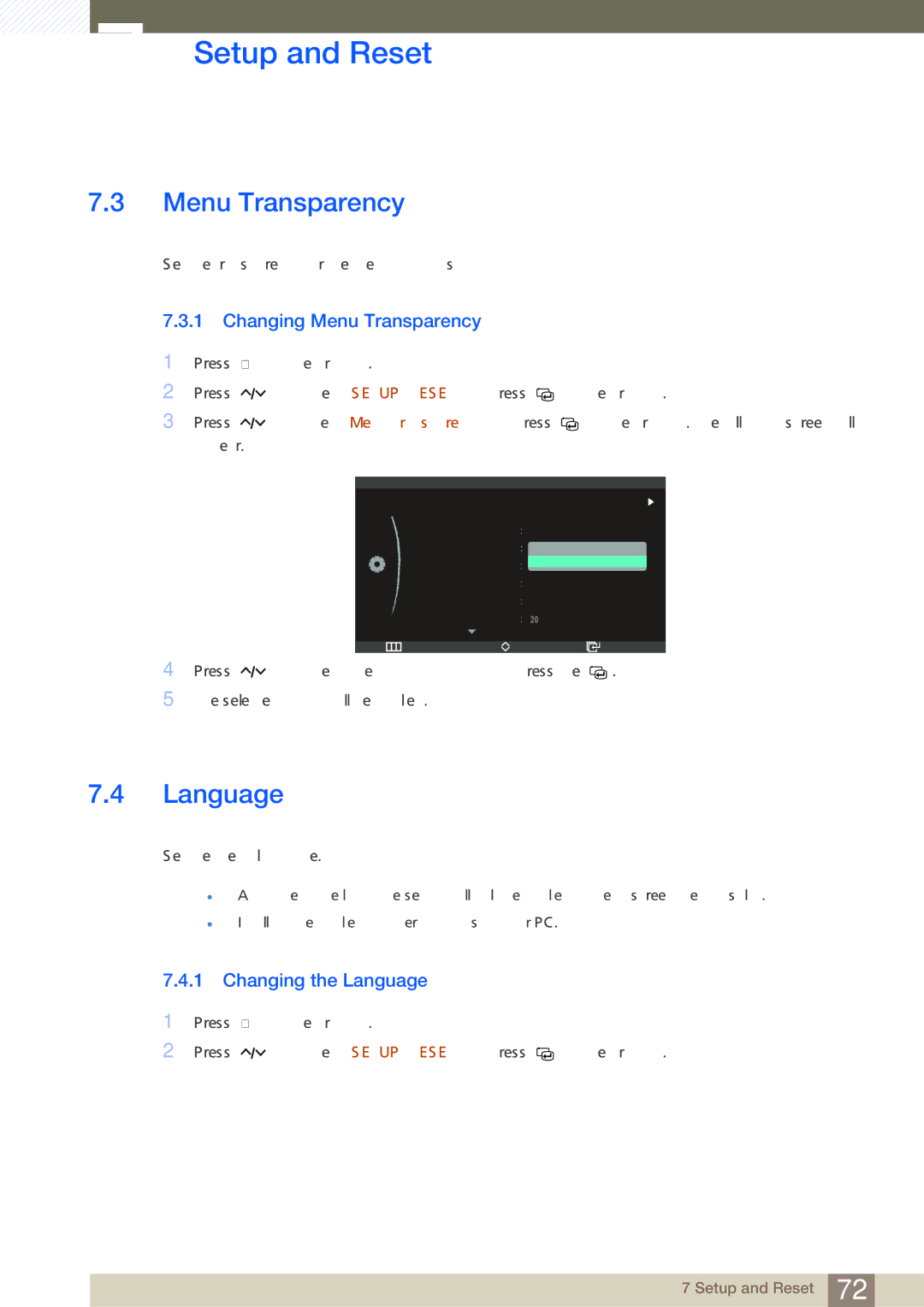 Samsung LC27A750XS/ZA, LC23A750XS/EN, LC27A750XS/EN, LC27A750XS/CI Changing Menu Transparency, Changing the Language 