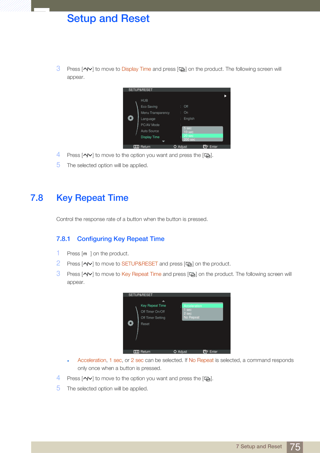 Samsung LC27A750XS/CI, LC27A750XS/ZA, LC23A750XS/EN, LC27A750XS/EN, LC23A750XS/CI manual Configuring Key Repeat Time 