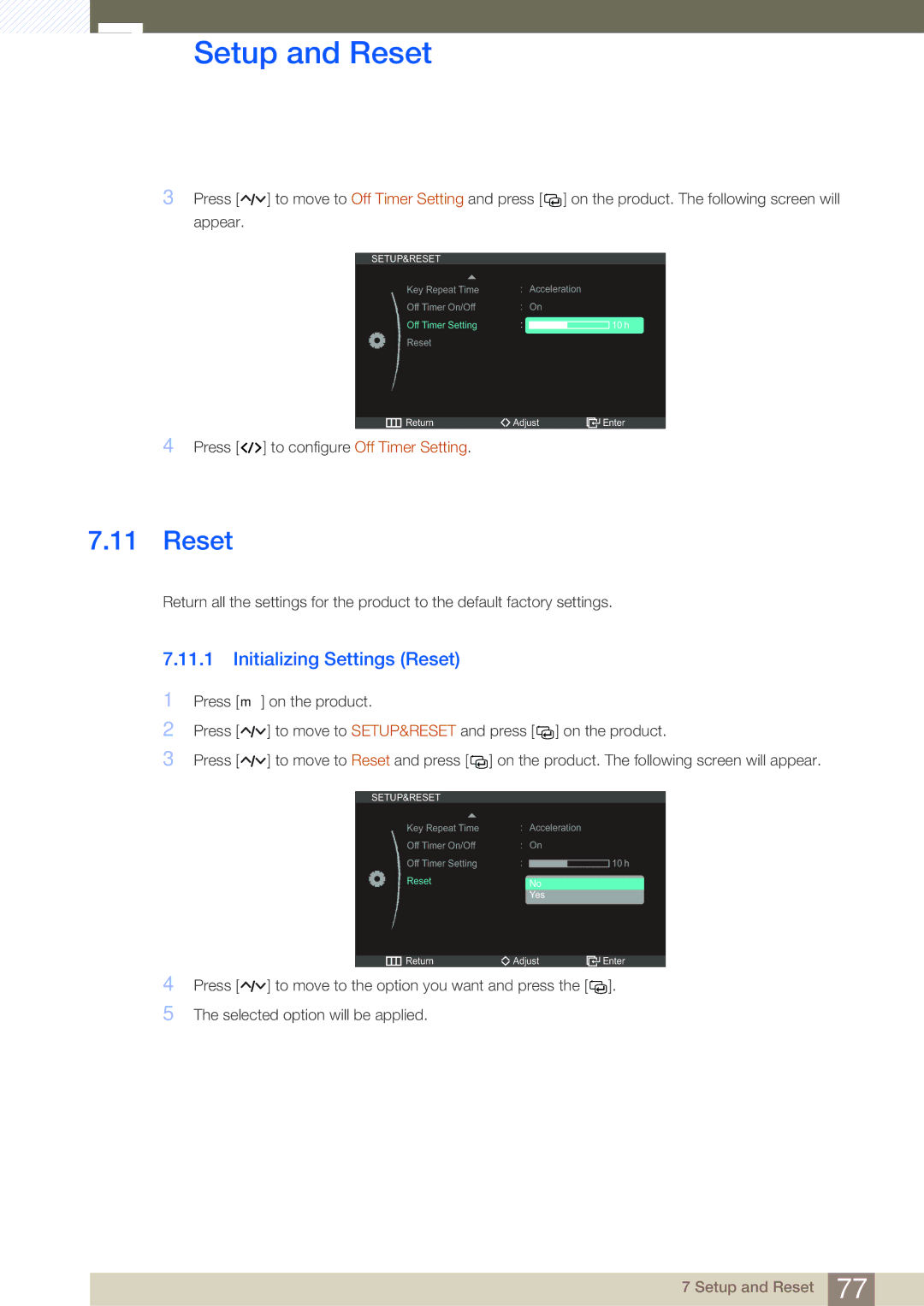 Samsung LC27A750XSSEN, LC27A750XS/ZA, LC23A750XS/EN, LC27A750XS/EN, LC27A750XS/CI manual Initializing Settings Reset 