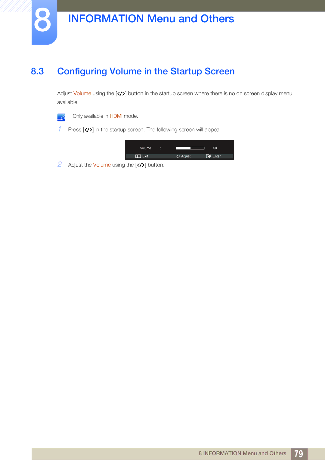 Samsung LC23A750XS/EN, LC27A750XS/ZA, LC27A750XS/EN, LC27A750XS/CI, LC23A750XS/CI Configuring Volume in the Startup Screen 