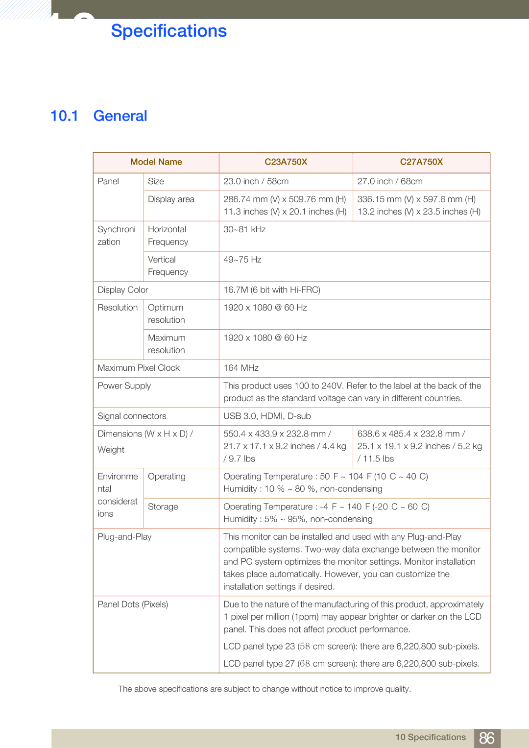 Samsung LC27A750XS/EN, LC27A750XS/ZA, LC23A750XS/EN, LC27A750XS/CI, LC23A750XS/CI, LC27A750XSSEN manual Specifications, General 