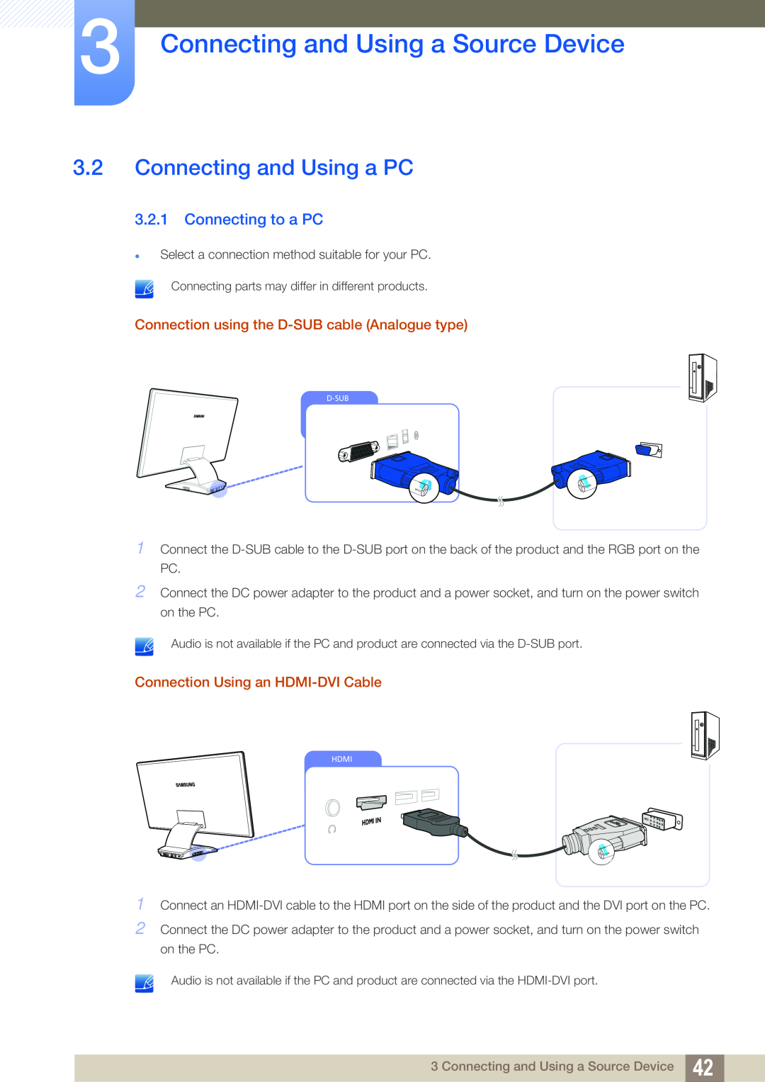 Samsung LC27A750XS/ZA, LC23A750XS/EN Connecting and Using a PC, Connecting to a PC, Connecting and Using a Source Device 
