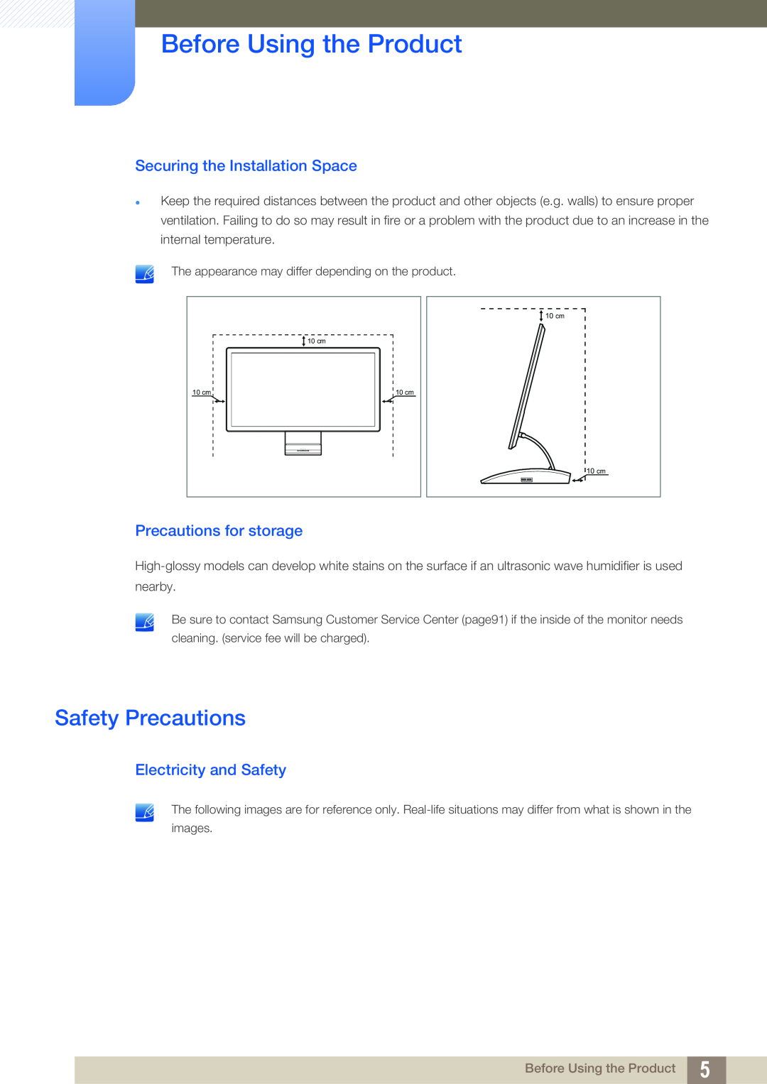 Samsung LC27A750XSSEN Safety Precautions, Securing the Installation Space, Precautions for storage, Electricity and Safety 