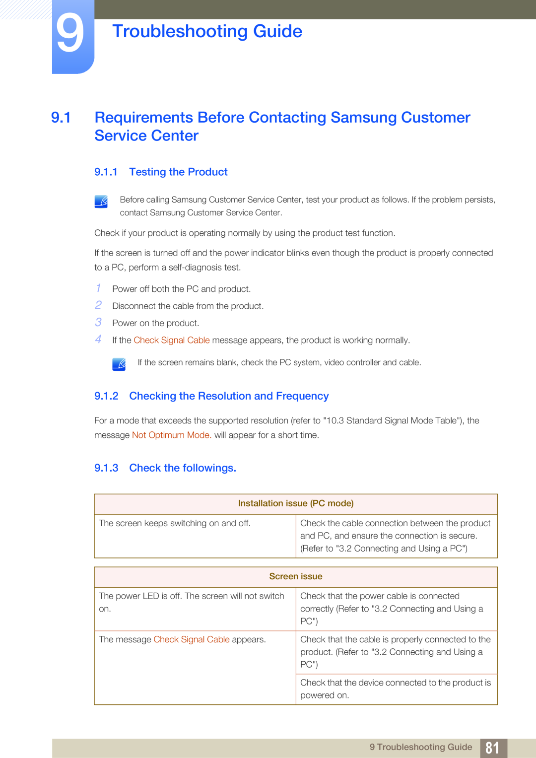 Samsung LC27A750XS/CI, LC27A750XS/ZA Troubleshooting Guide, Requirements Before Contacting Samsung Customer Service Center 