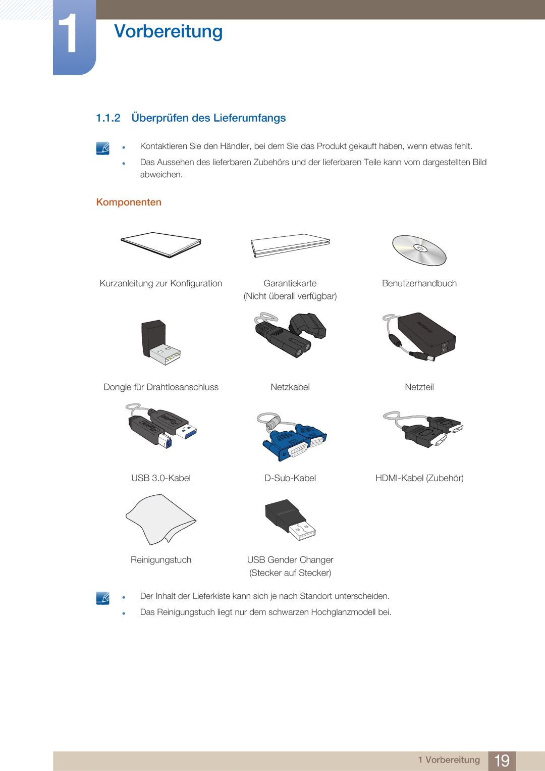 Samsung LC23A750XS/EN, LC27A750XS/ZA, LC27A750XS/EN manual 2 Überprüfen des Lieferumfangs, Komponenten 