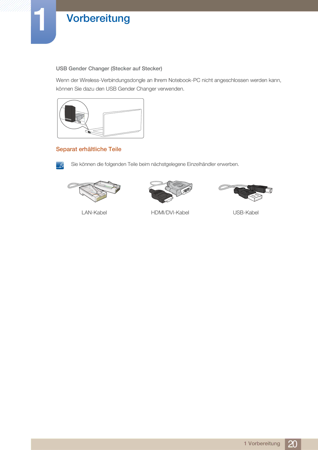 Samsung LC27A750XS/EN, LC27A750XS/ZA, LC23A750XS/EN manual Separat erhältliche Teile, USB Gender Changer Stecker auf Stecker 