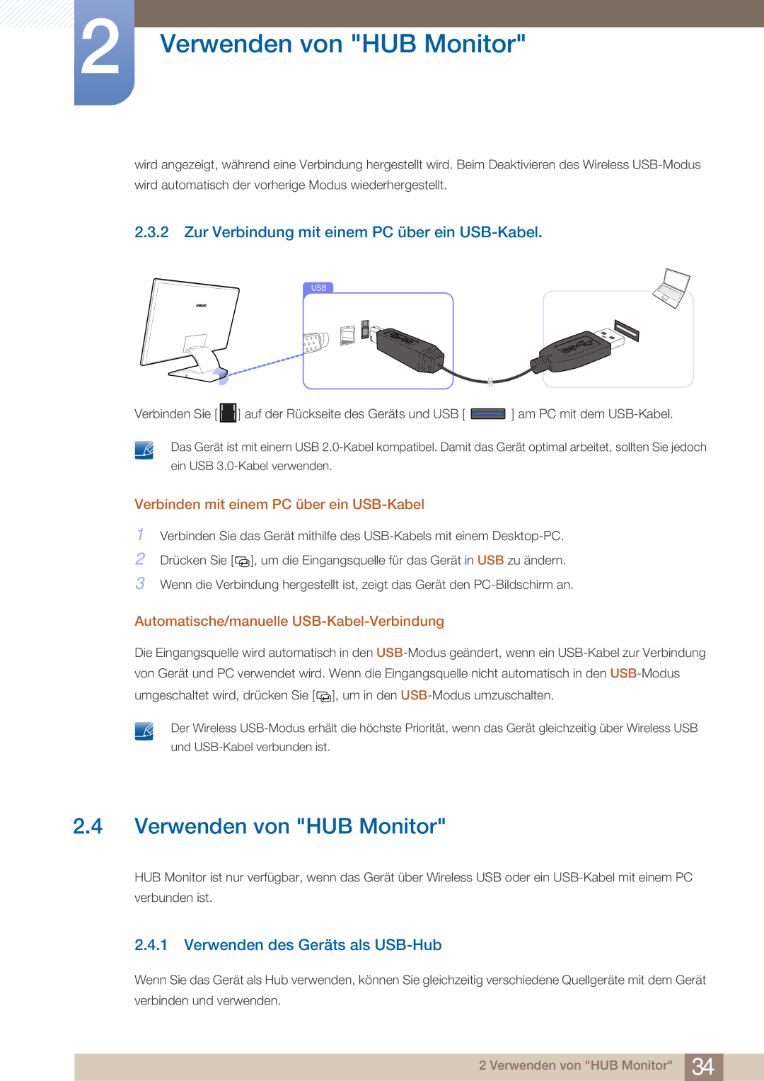 Samsung LC23A750XS/EN, LC27A750XS/ZA manual Verwenden von HUB Monitor, Zur Verbindung mit einem PC über ein USB-Kabel 