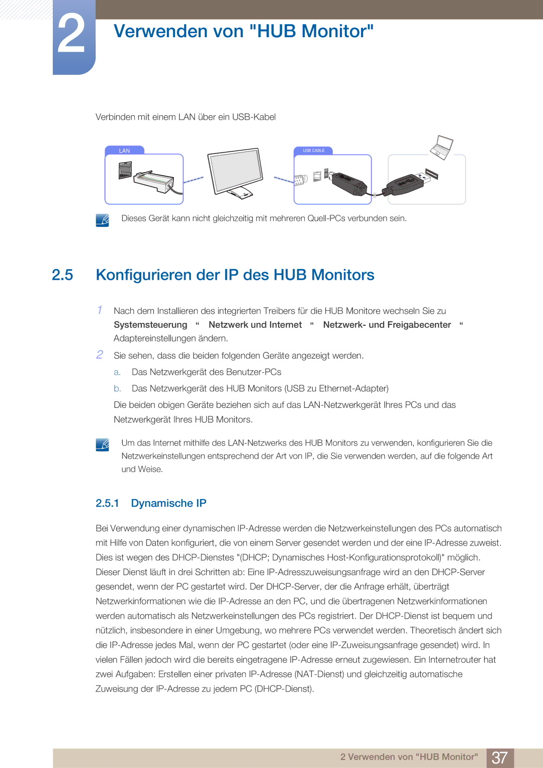 Samsung LC23A750XS/EN, LC27A750XS/ZA, LC27A750XS/EN manual Konfigurieren der IP des HUB Monitors, Dynamische IP 