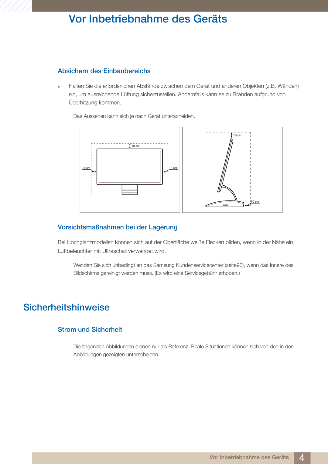 Samsung LC23A750XS/EN manual Sicherheitshinweise, Absichern des Einbaubereichs, Vorsichtsmaßnahmen bei der Lagerung 