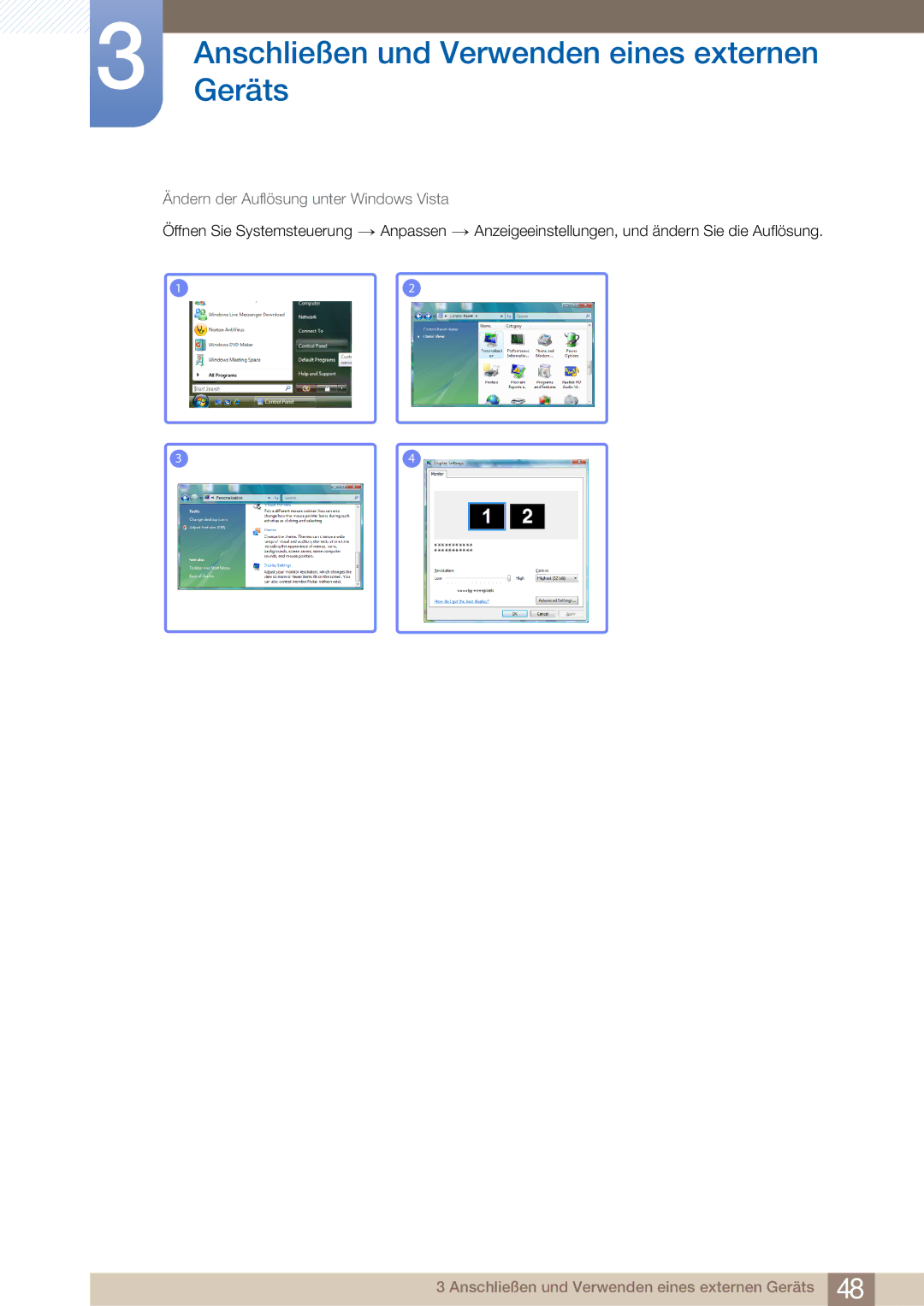 Samsung LC27A750XS/ZA, LC23A750XS/EN, LC27A750XS/EN manual Ändern der Auflösung unter Windows Vista 