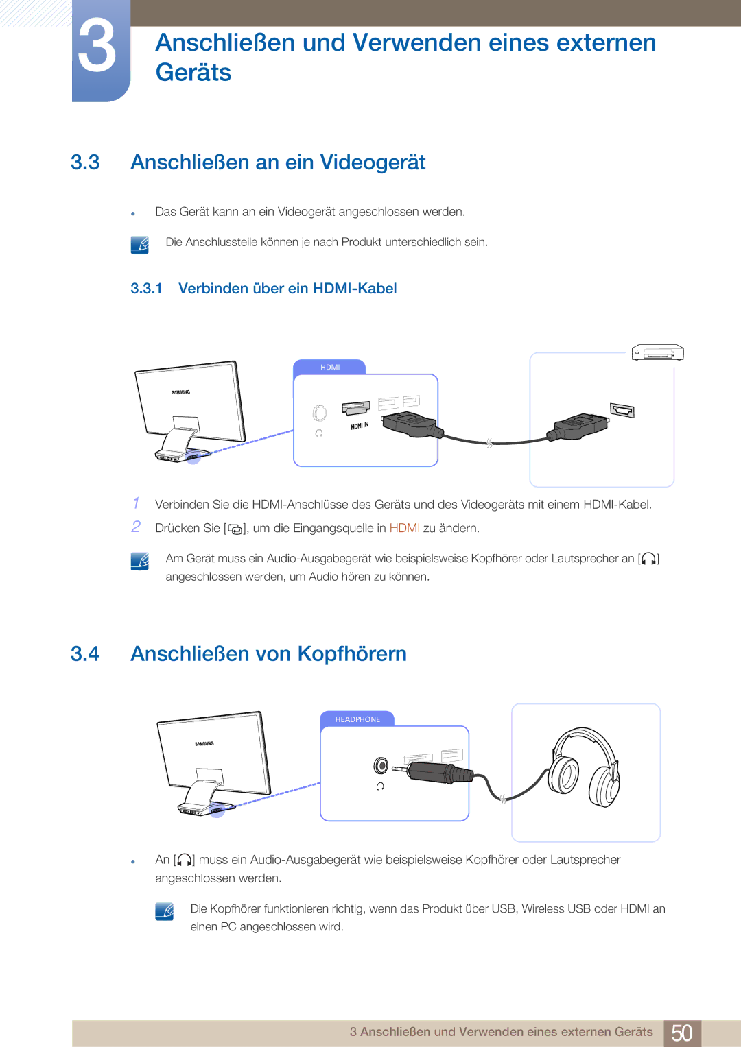 Samsung LC27A750XS/EN manual Anschließen an ein Videogerät, Anschließen von Kopfhörern, Verbinden über ein HDMI-Kabel 