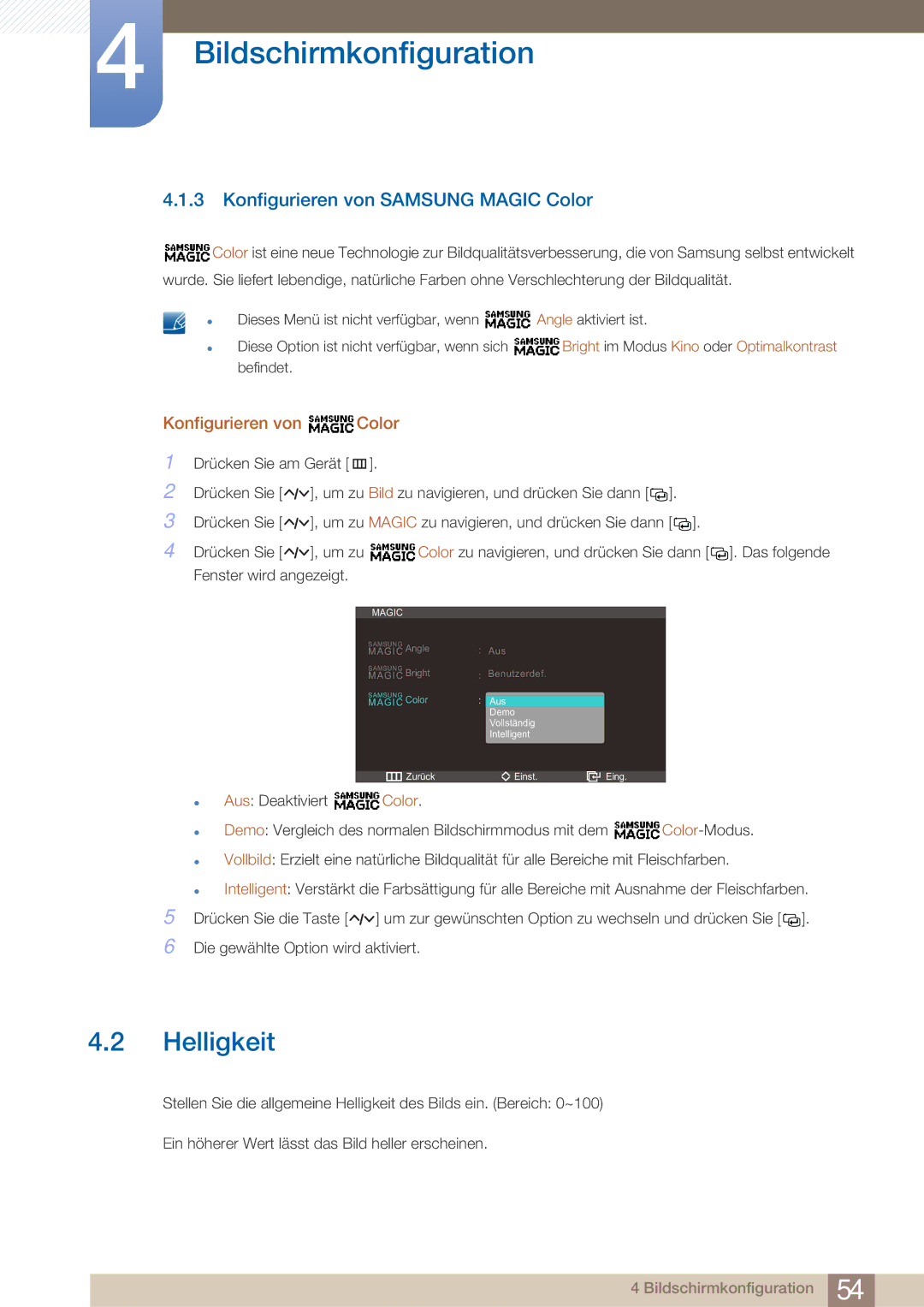 Samsung LC27A750XS/ZA, LC23A750XS/EN manual Helligkeit, Konfigurieren von Samsung Magic Color, Konfigurieren von Color 