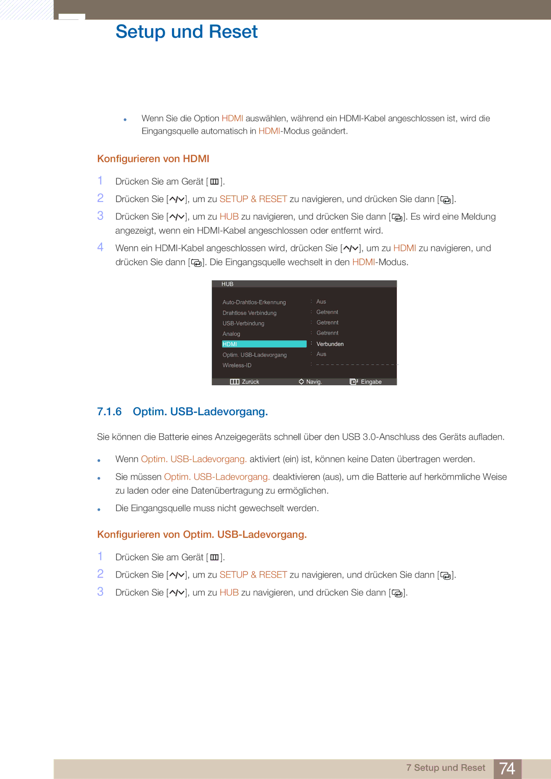 Samsung LC27A750XS/EN, LC27A750XS/ZA, LC23A750XS/EN Konfigurieren von Hdmi, Konfigurieren von Optim. USB-Ladevorgang 