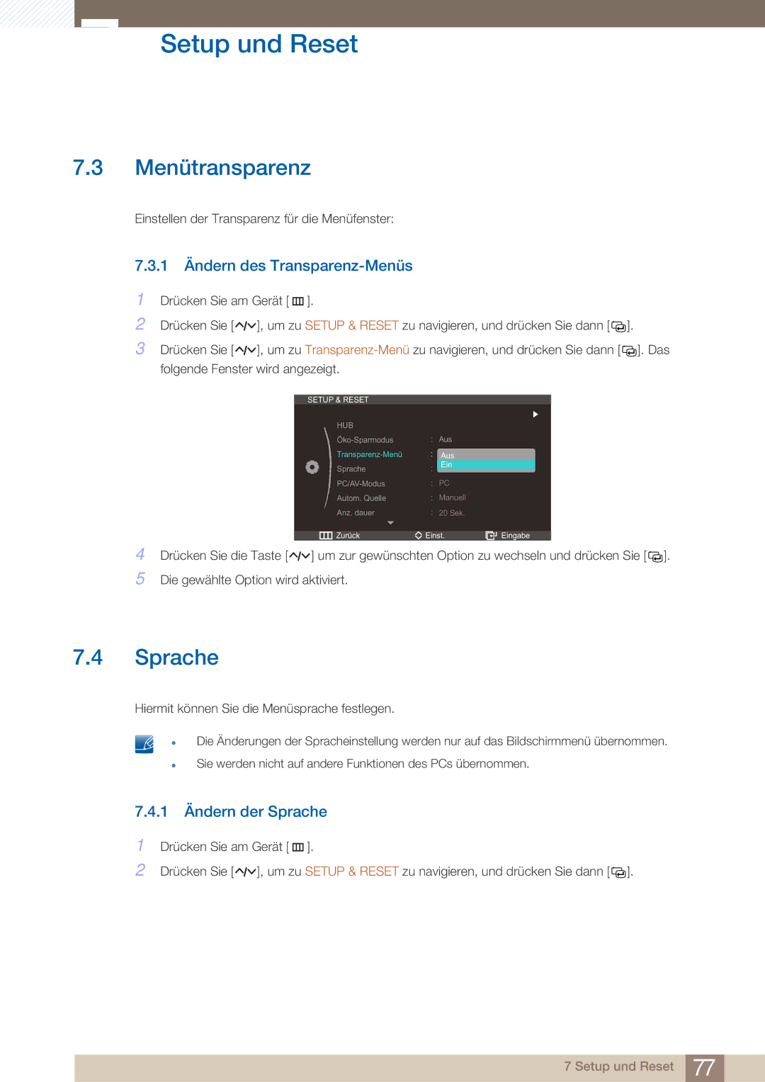 Samsung LC27A750XS/EN, LC27A750XS/ZA manual Menütransparenz, 1 Ändern des Transparenz-Menüs, 1 Ändern der Sprache 