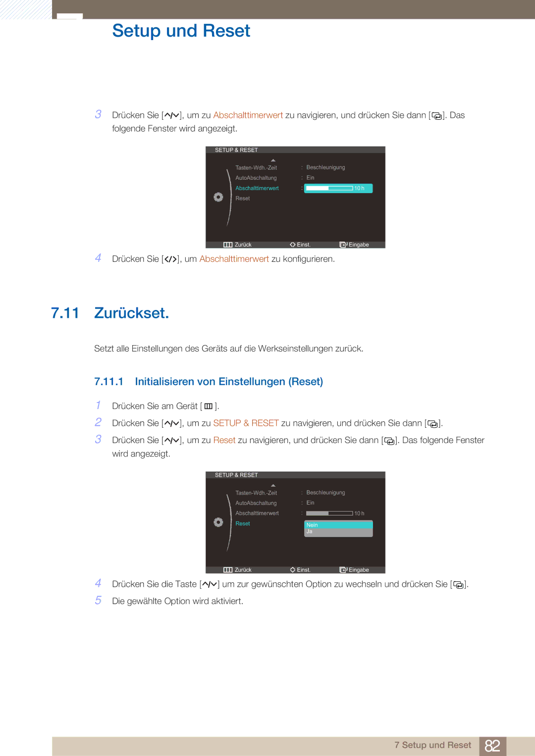 Samsung LC23A750XS/EN, LC27A750XS/ZA, LC27A750XS/EN manual 11 Zurückset, Initialisieren von Einstellungen Reset 