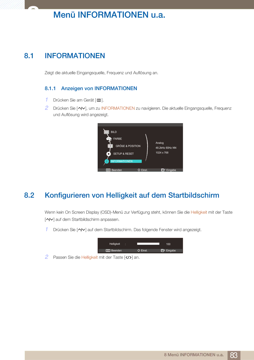 Samsung LC27A750XS/EN, LC27A750XS/ZA manual Menü Informationen u.a, Konfigurieren von Helligkeit auf dem Startbildschirm 