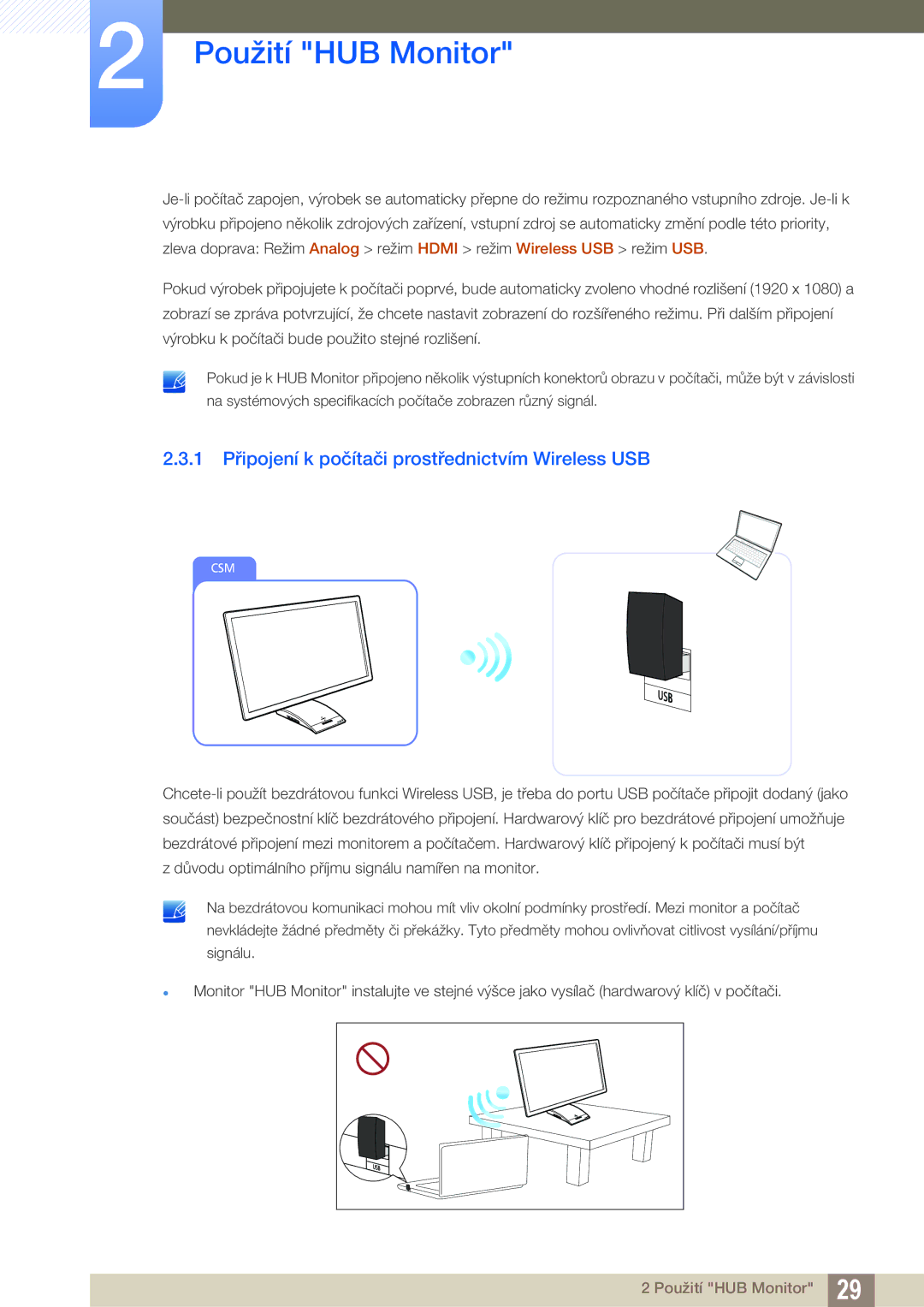 Samsung LC27A750XS/EN, LC27A750XS/ZA, LC23A750XS/EN manual 1 Připojení k počítači prostřednictvím Wireless USB 