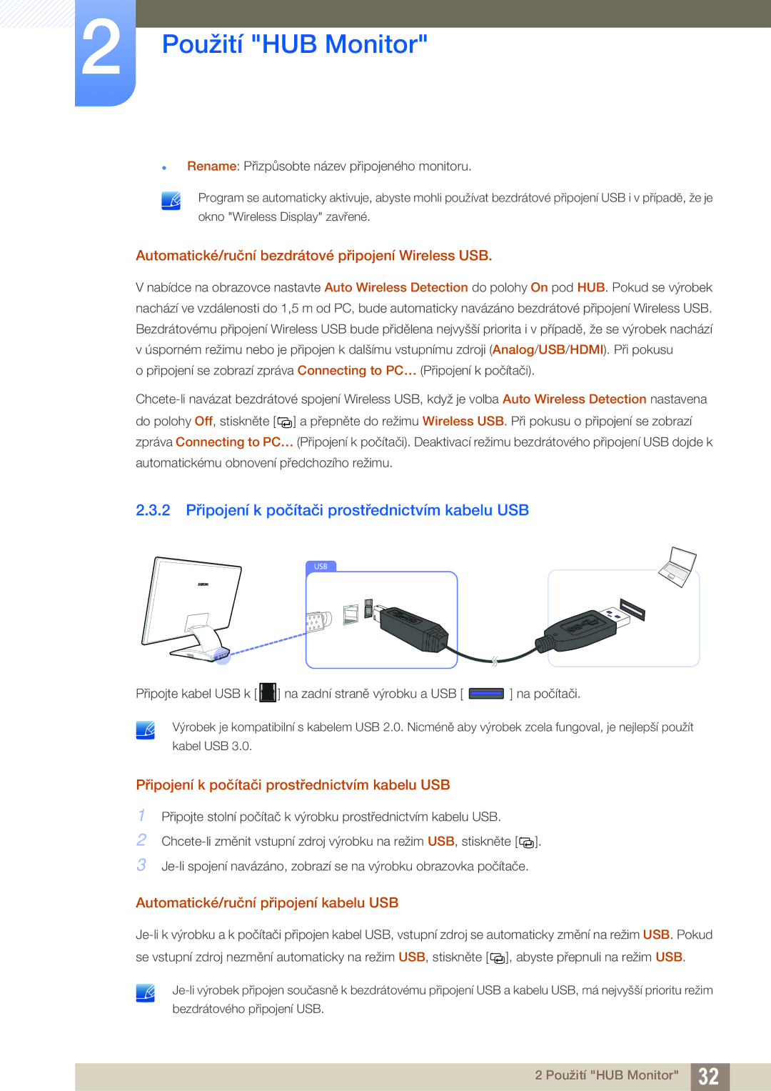 Samsung LC27A750XS/EN manual 2 Připojení k počítači prostřednictvím kabelu USB, Automatické/ruční připojení kabelu USB 