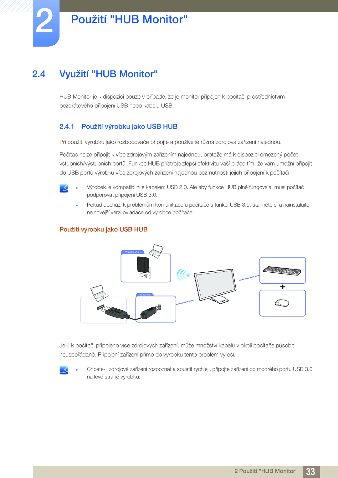 Samsung LC27A750XS/ZA, LC23A750XS/EN, LC27A750XS/EN manual Využití HUB Monitor, 1 Použití výrobku jako USB HUB 