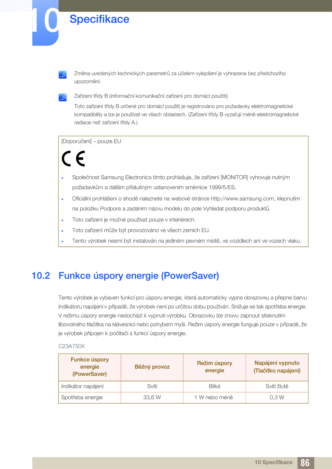 Samsung LC27A750XS/EN, LC27A750XS/ZA, LC23A750XS/EN manual Funkce úspory energie PowerSaver 