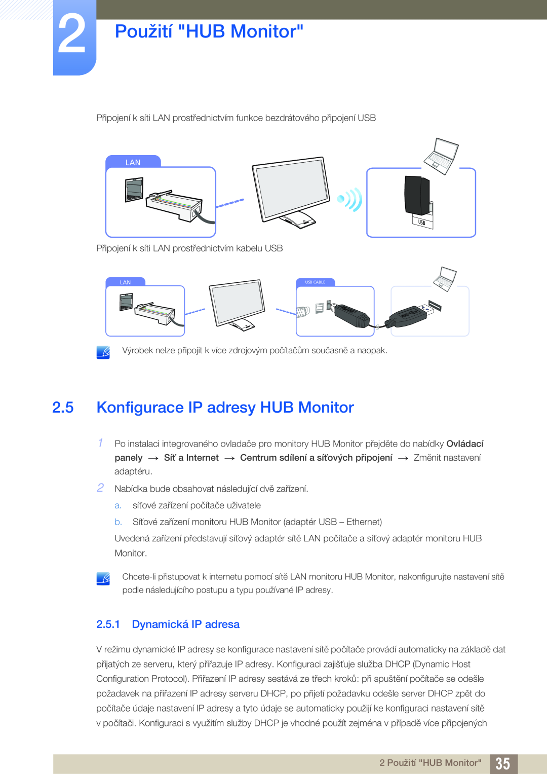 Samsung LC27A750XS/EN, LC27A750XS/ZA manual Konfigurace IP adresy HUB Monitor, Dynamická IP adresa, 2 Použití HUB Monitor 