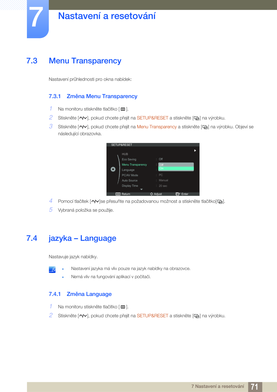 Samsung LC27A750XS/EN jazyka - Language, 7.3.1 Změna Menu Transparency, 7.4.1 Změna Language, Nastavení a resetování 