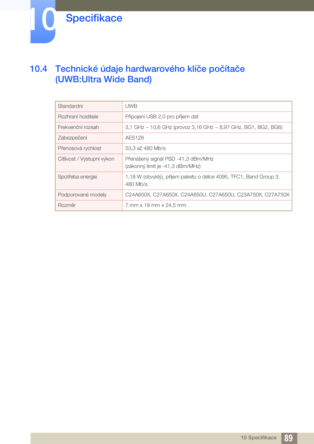 Samsung LC27A750XS/EN, LC27A750XS/ZA manual Technické údaje hardwarového klíče počítače UWBUltra Wide Band, Specifikace 