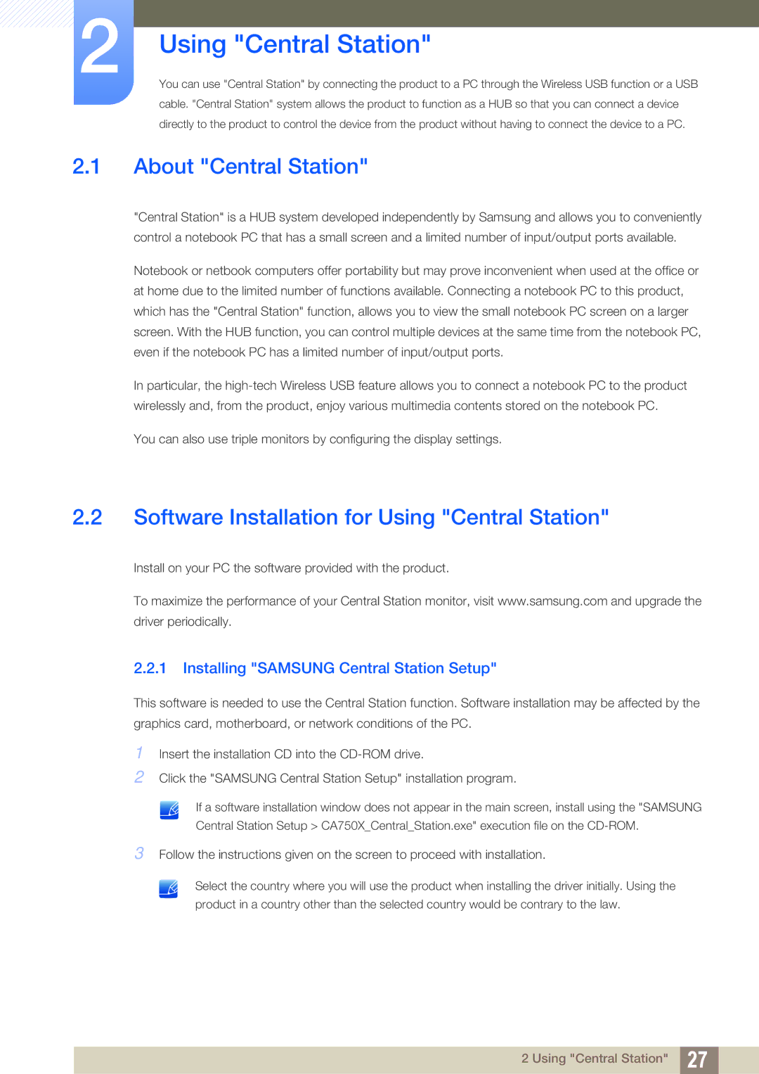 Samsung LC27A750XS/XV, LC27A750XS/ZA manual About Central Station, Software Installation for Using Central Station 