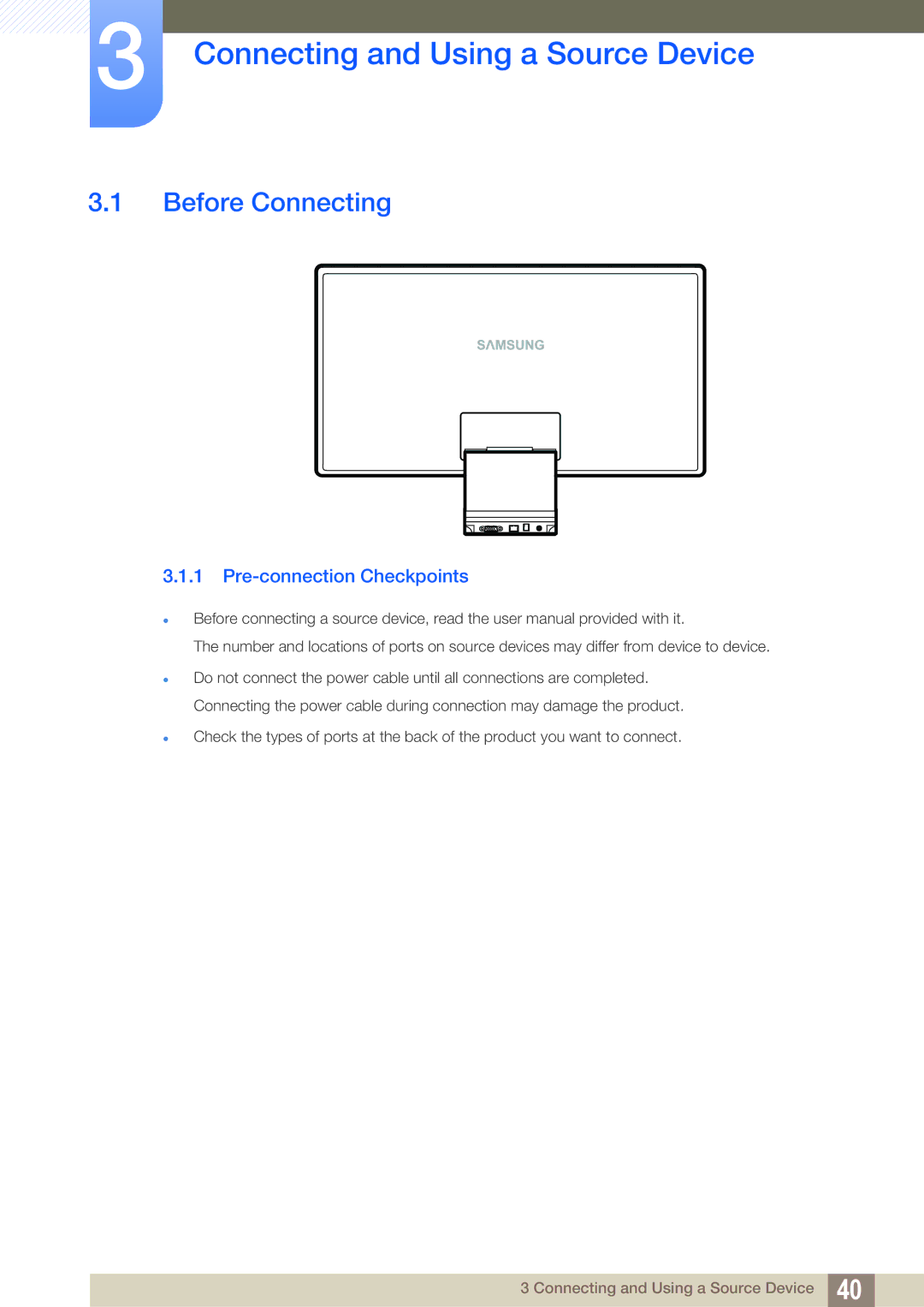 Samsung LC27A750XS/ZA, LC23A750XS/ZN Connecting and Using a Source Device, Before Connecting, Pre-connection Checkpoints 