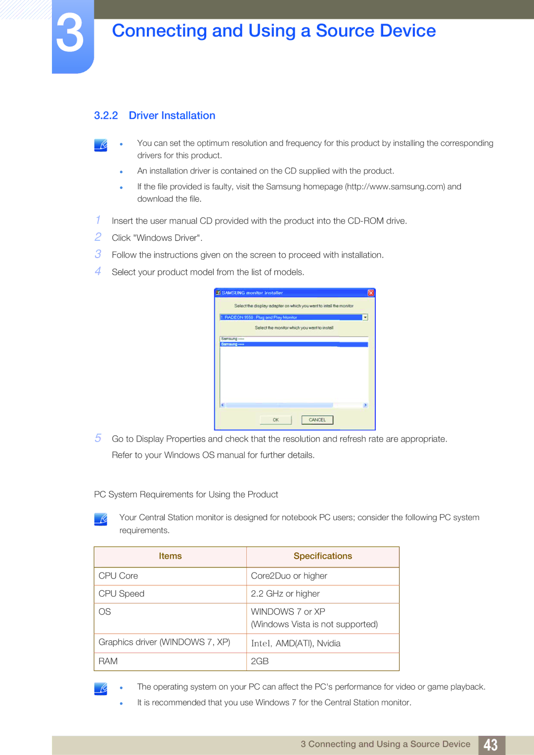 Samsung LC27A750XS/XV, LC27A750XS/ZA, LC23A750XS/ZN, LC23A750XS/NG manual Driver Installation, Items Specifications 