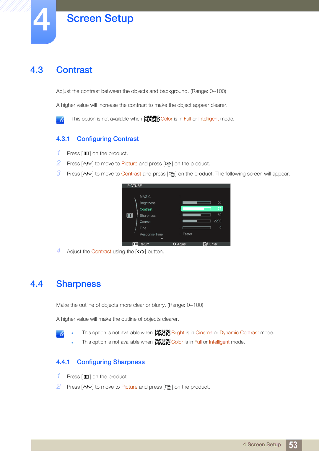 Samsung LC23A750XS/ZN, LC27A750XS/ZA, LC23A750XS/NG, LC27A750XS/XV manual Configuring Contrast, Configuring Sharpness 