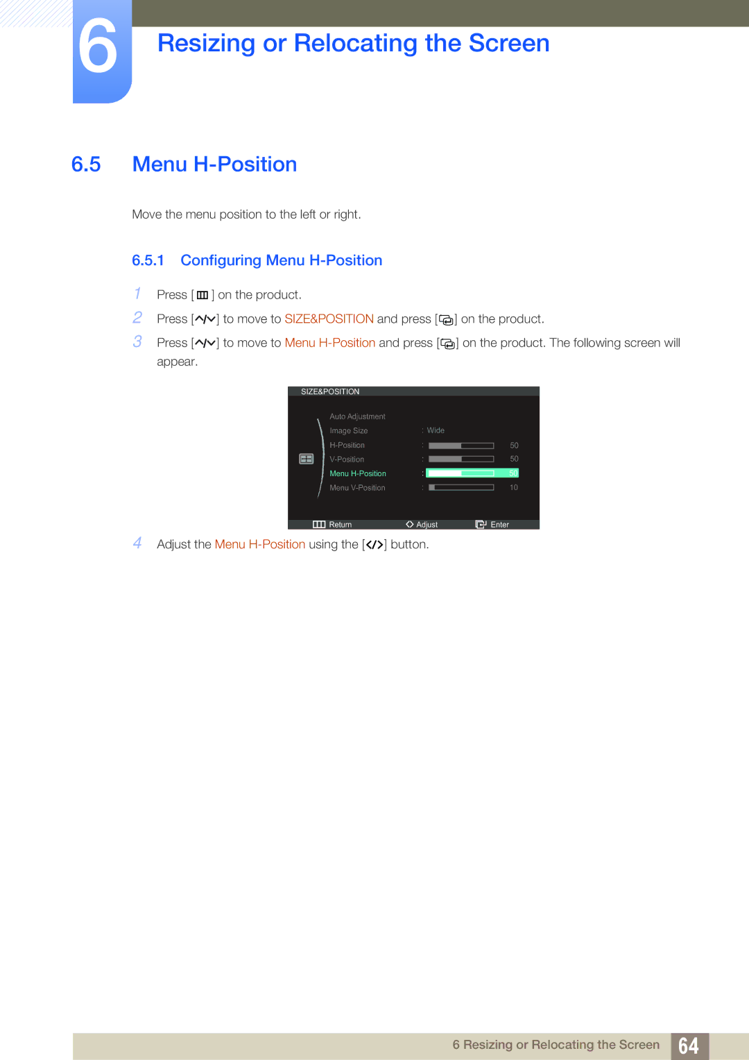 Samsung LC27A750XS/ZA, LC23A750XS/ZN, LC23A750XS/NG, LC27A750XS/XV manual Configuring Menu H-Position 