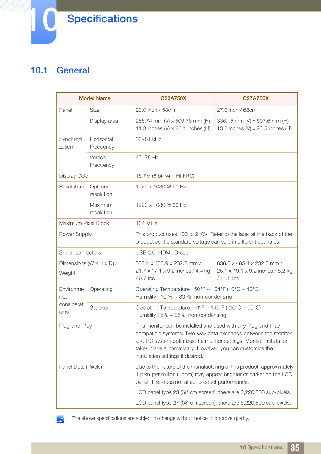 Samsung LC23A750XS/ZN, LC27A750XS/ZA, LC23A750XS/NG, LC27A750XS/XV manual Specifications, General 