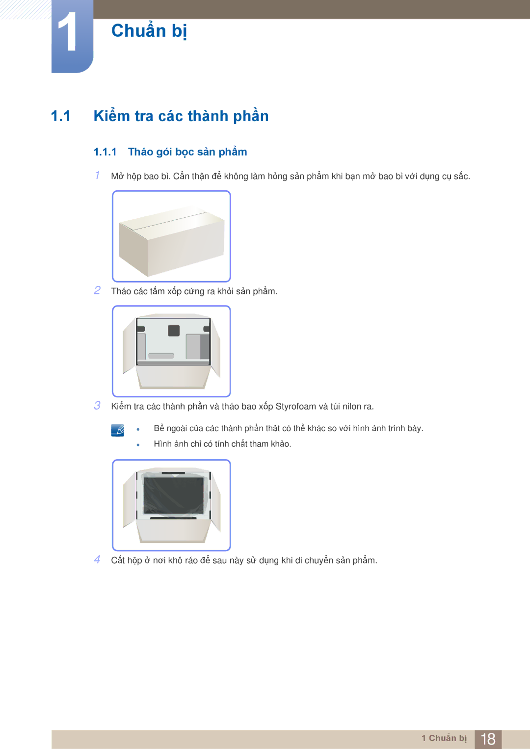 Samsung LC27A750XS/ZA, LC27A750XS/XV manual Chuẩn bị, Kiểm tra các thành phần, 1 Tháo gói bọc sản phẩm 