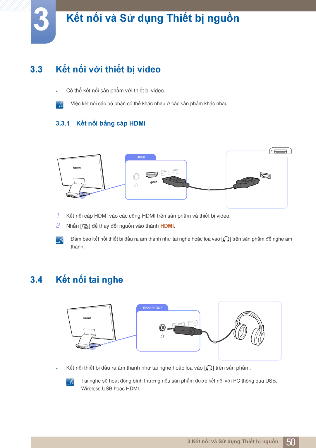 Samsung LC27A750XS/ZA, LC27A750XS/XV manual Kết nối với thiết bị video, Kết nối tai nghe, 1 Kết nối bằng cáp Hdmi 