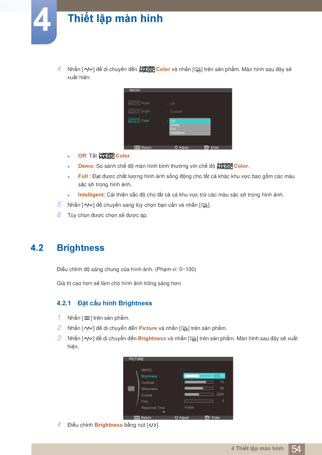 Samsung LC27A750XS/ZA, LC27A750XS/XV manual 1 Đặt cấu hình Brightness 